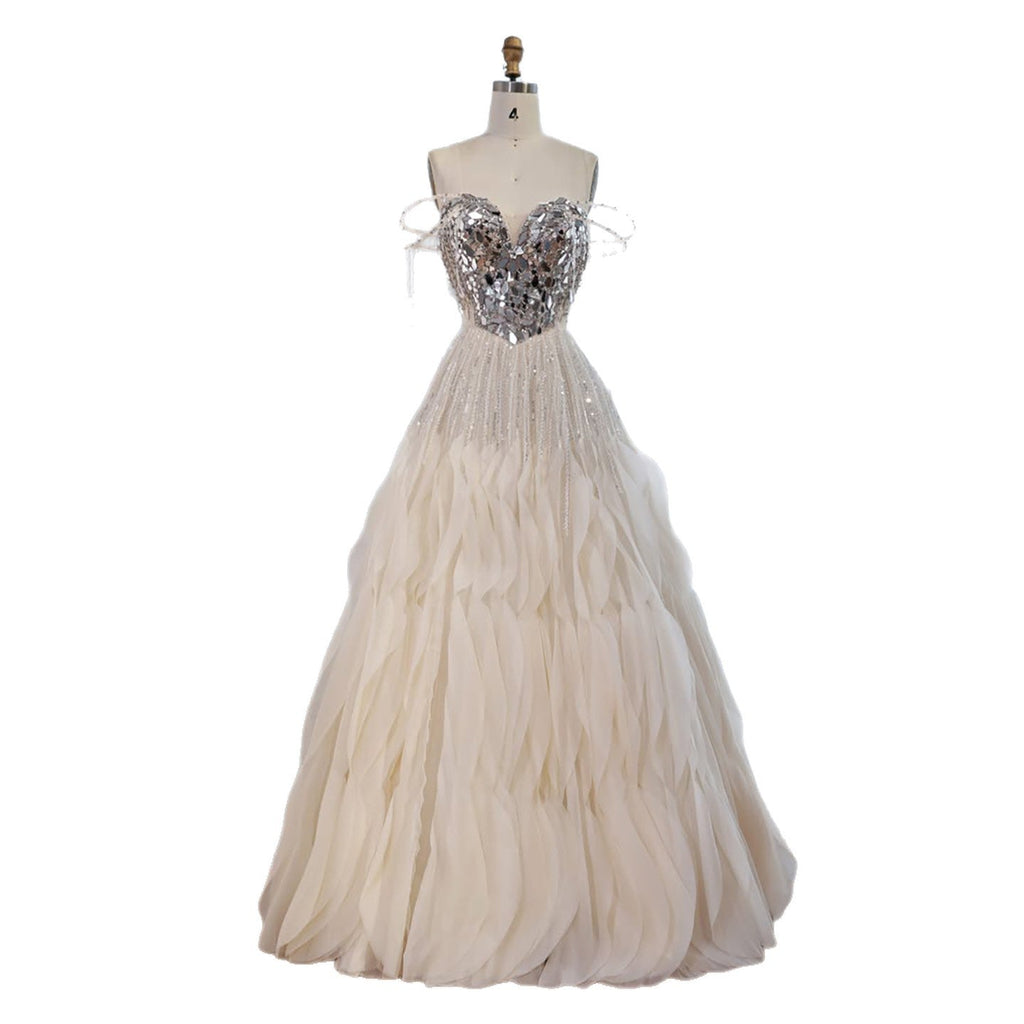 Luxury Beige Beaded Off Shoulder Ball Gown Evening Dress CLA73587