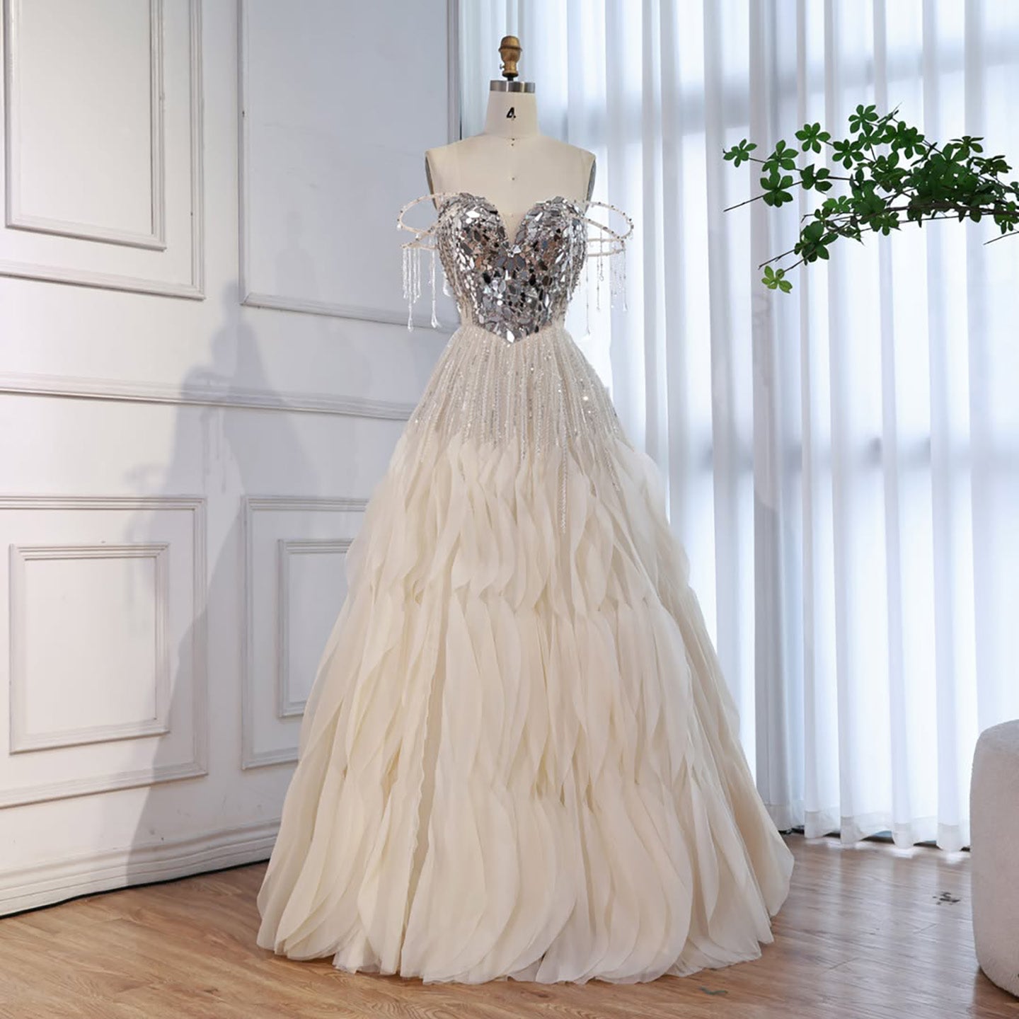 Luxury Beige Beaded Off Shoulder Ball Gown Evening Dress CLA73587