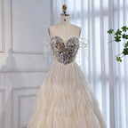 Luxury Beige Beaded Off Shoulder Ball Gown Evening Dress CLA73587