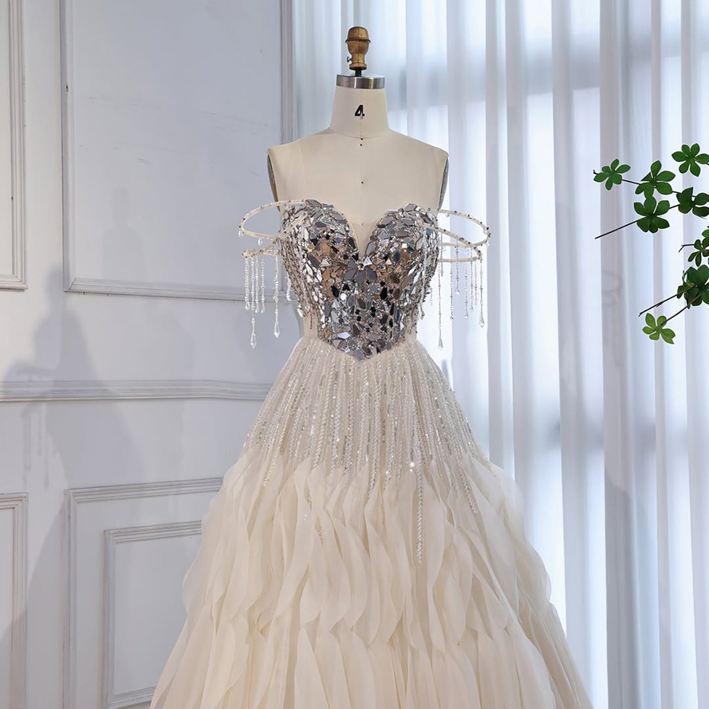 Luxury Beige Beaded Off Shoulder Ball Gown Evening Dress CLA73587