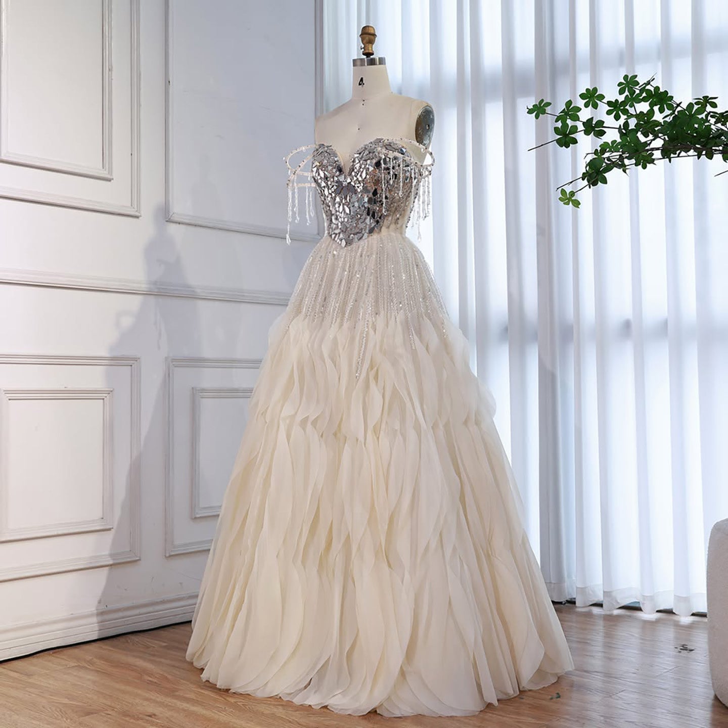 Luxury Beige Beaded Off Shoulder Ball Gown Evening Dress CLA73587