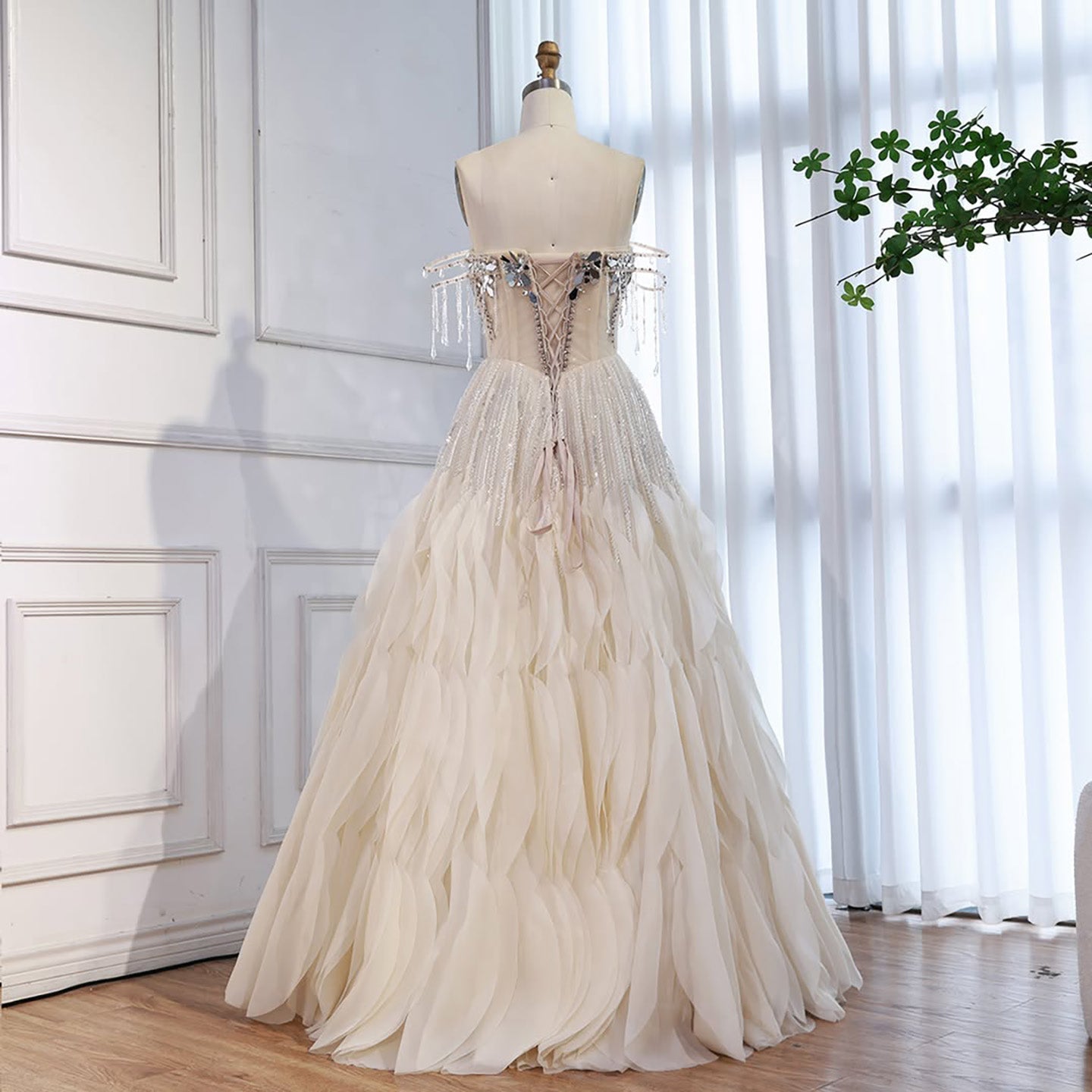 Luxury Beige Beaded Off Shoulder Ball Gown Evening Dress CLA73587