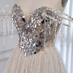 Luxury Beige Beaded Off Shoulder Ball Gown Evening Dress CLA73587