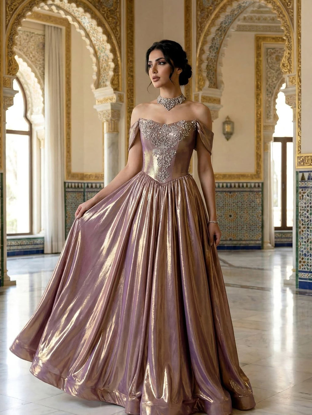 Luxury Purple Gold Crystal Beaded A Line Evening Dress LA73588