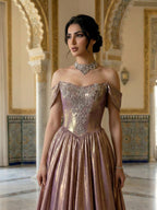 Luxury Purple Gold Crystal Beaded A Line Evening Dress LA73588