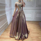 Luxury Purple Gold Crystal Beaded A Line Evening Dress LA73588