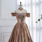 Luxury Purple Gold Crystal Beaded A Line Evening Dress LA73588