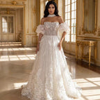 Luxury Beige Strapless Beaded Corset 3D Floral Ball Gown CLA73589