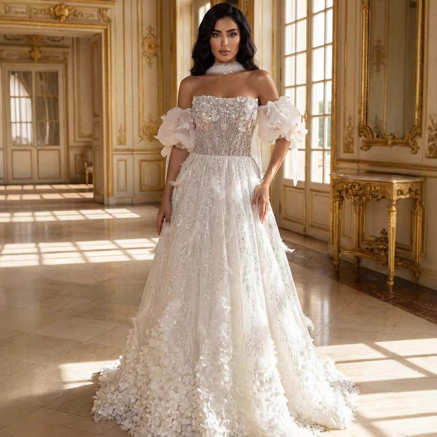 Luxury Beige Strapless Beaded Corset 3D Floral Ball Gown CLA73589