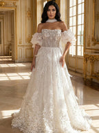 Luxury Beige Strapless Beaded Corset 3D Floral Ball Gown CLA73589