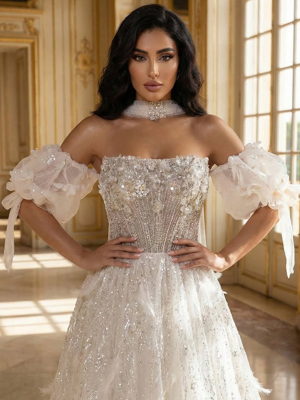 Luxury Beige Strapless Beaded Corset 3D Floral Ball Gown CLA73589