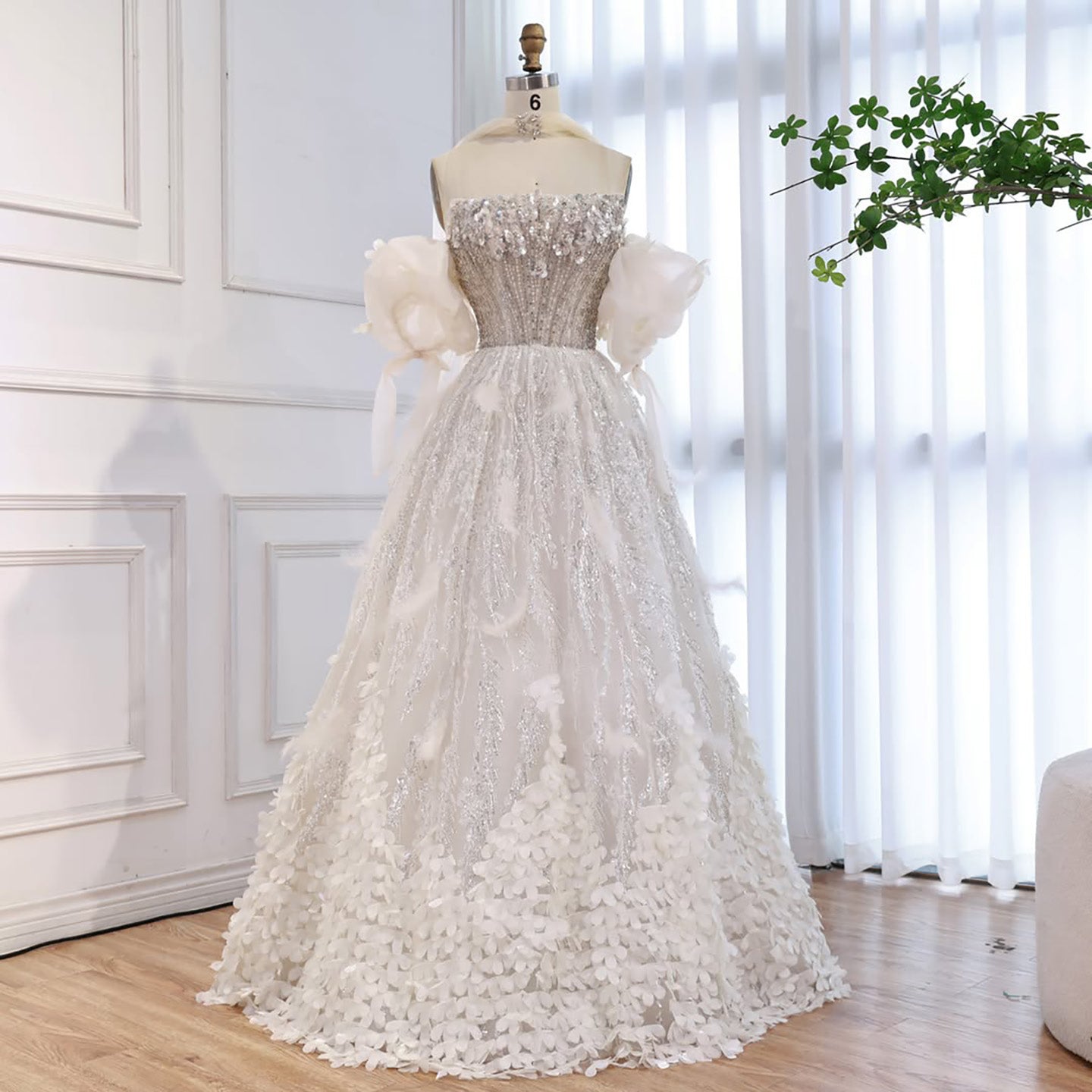 Luxury Beige Strapless Beaded Corset 3D Floral Ball Gown CLA73589