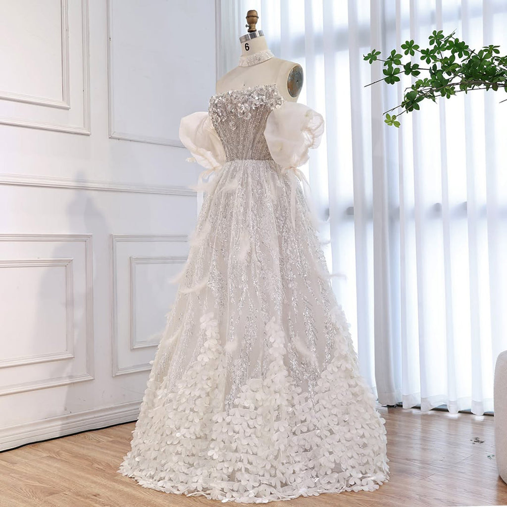 Luxury Beige Strapless Beaded Corset 3D Floral Ball Gown CLA73589