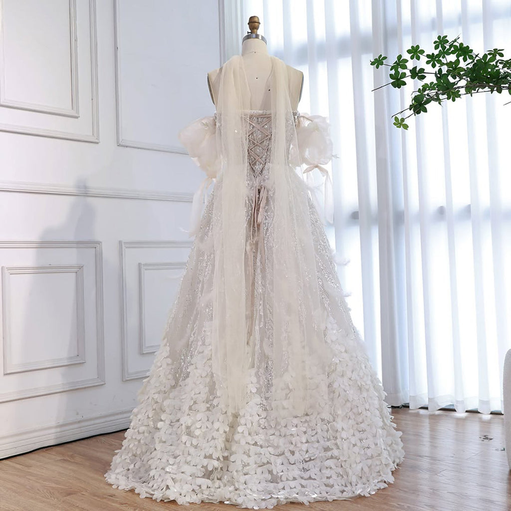 Luxury Beige Strapless Beaded Corset 3D Floral Ball Gown CLA73589