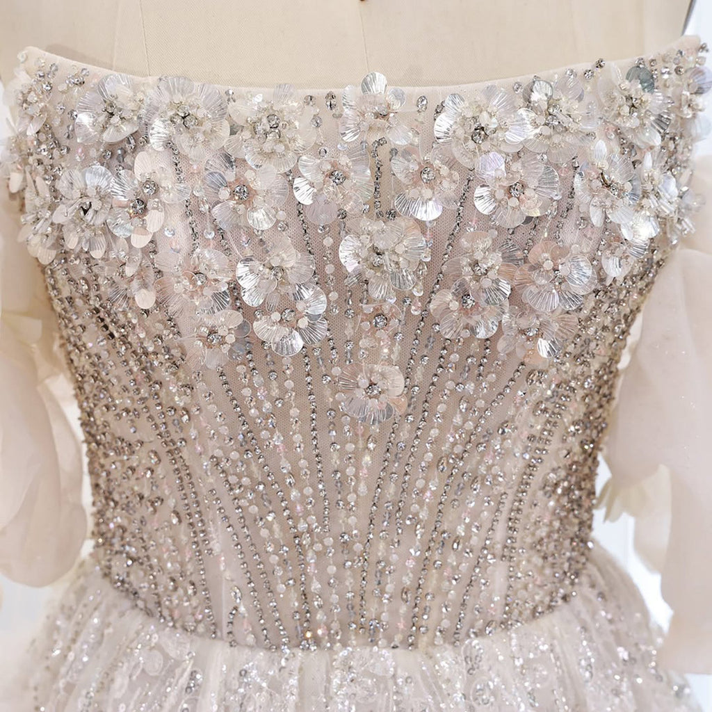 Luxury Beige Strapless Beaded Corset 3D Floral Ball Gown CLA73589