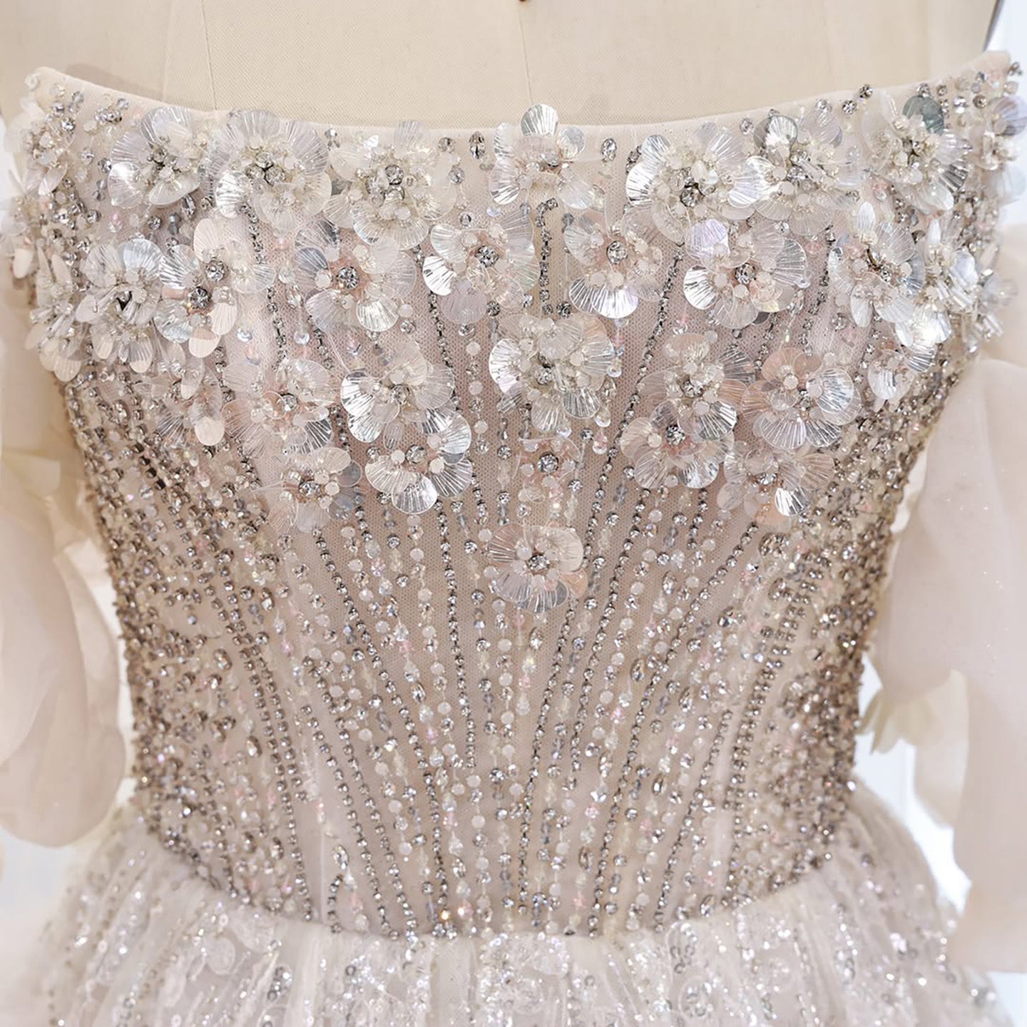 Luxury Beige Strapless Beaded Corset 3D Floral Ball Gown CLA73589