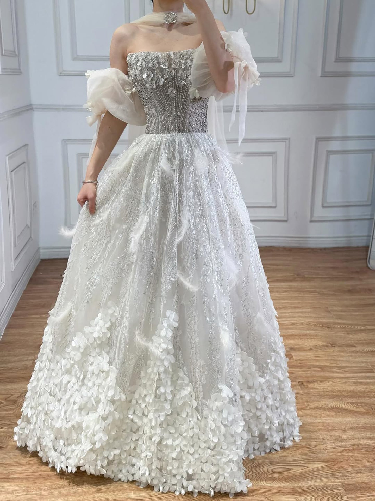 Luxury Beige Strapless Beaded Corset 3D Floral Ball Gown CLA73589