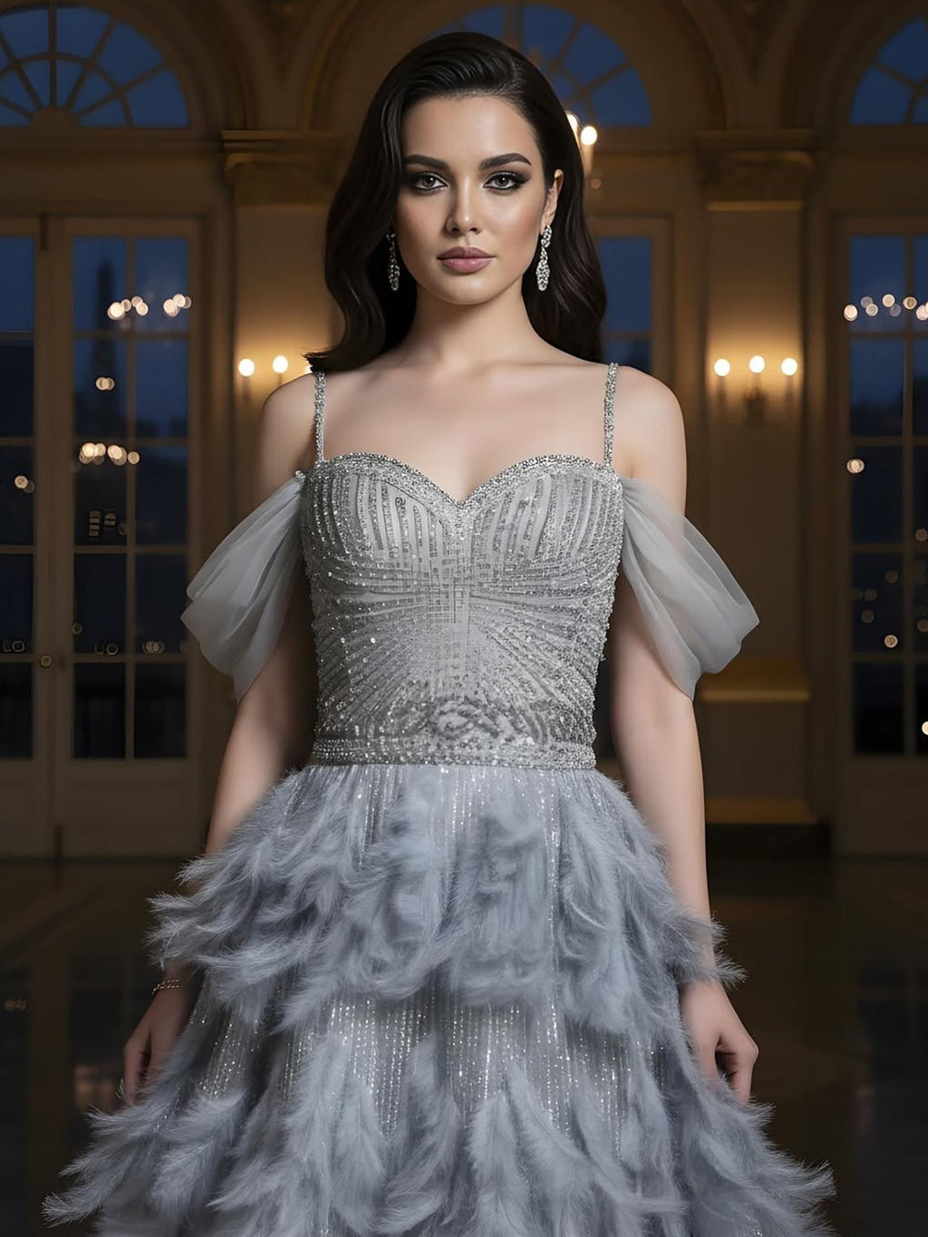 Luxury Gray A Line Evening Dress with Feather Beaded Straps CLA73590