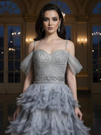 Luxury Gray A Line Evening Dress with Feather Beaded Straps CLA73590