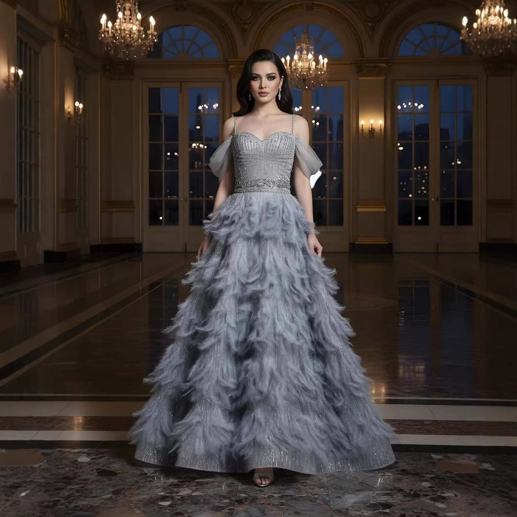 Luxury Gray A Line Evening Dress with Feather Beaded Straps CLA73590
