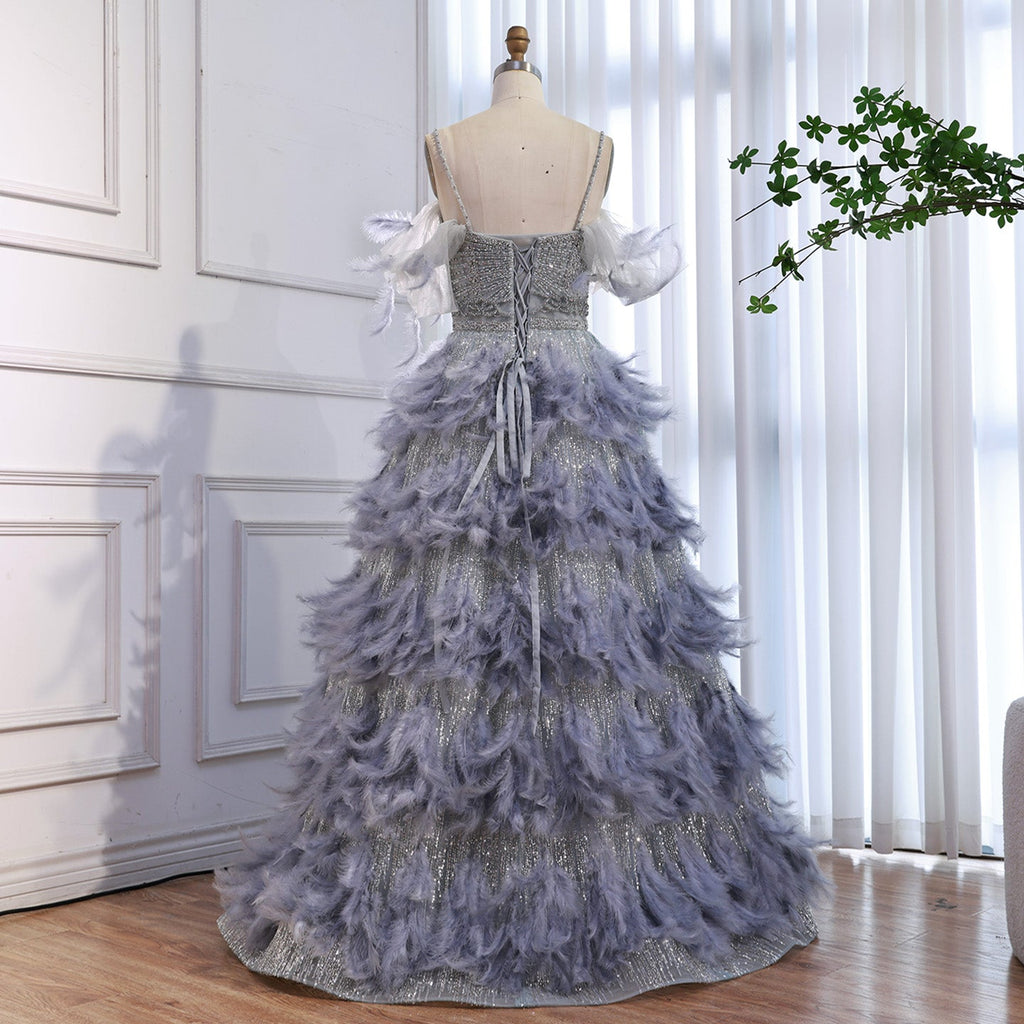 Luxury Gray A Line Evening Dress with Feather Beaded Straps CLA73590