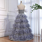 Luxury Gray A Line Evening Dress with Feather Beaded Straps CLA73590