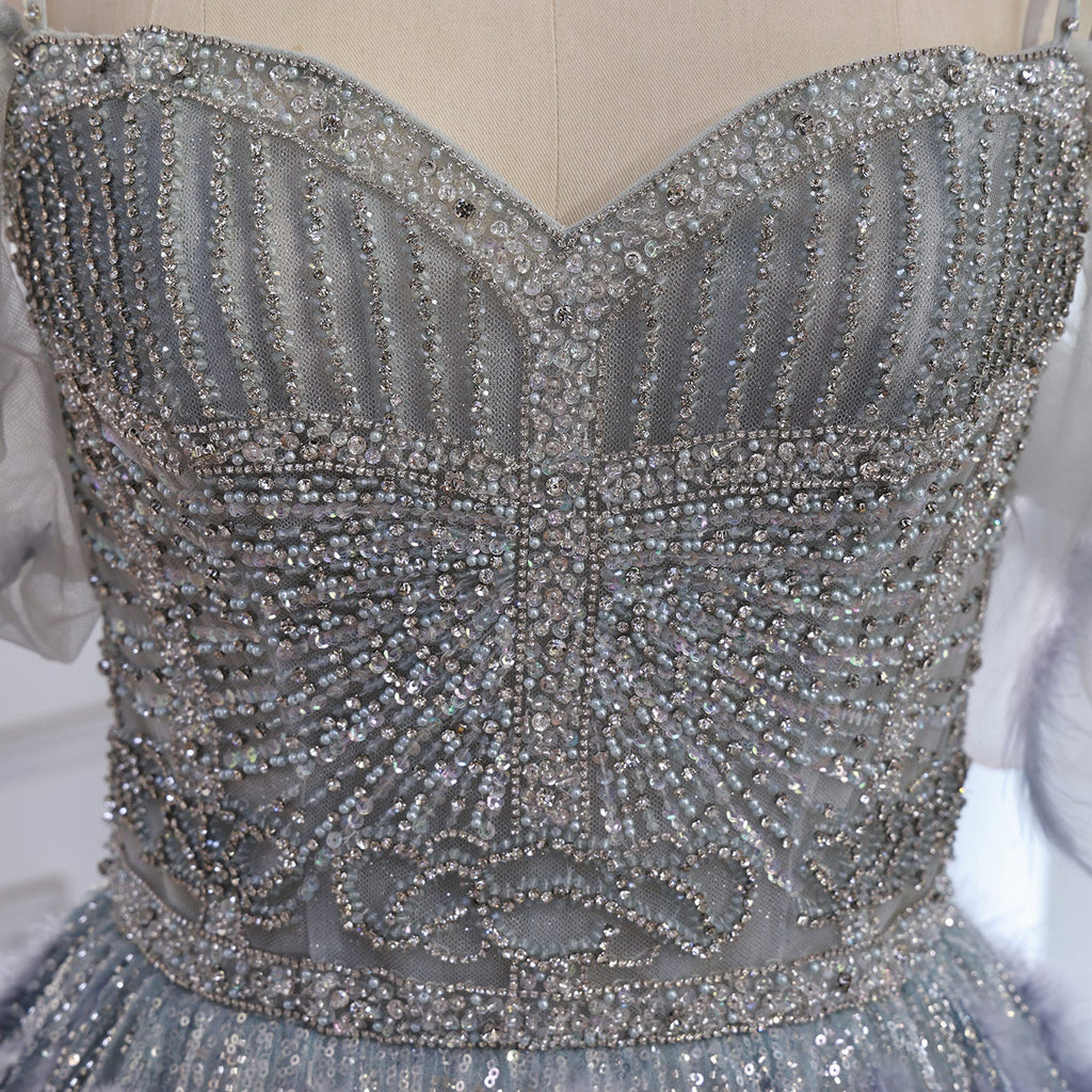 Luxury Gray A Line Evening Dress with Feather Beaded Straps CLA73590