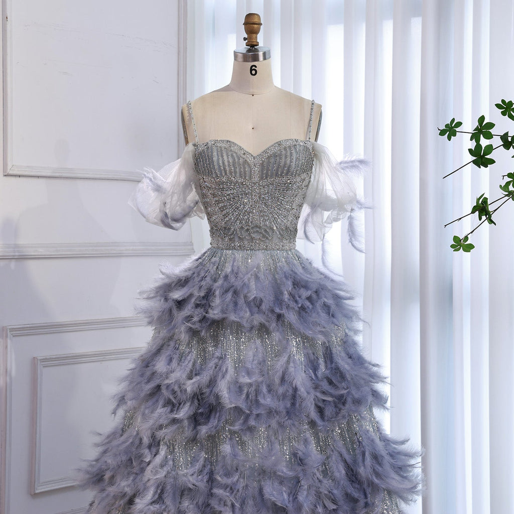 Luxury Gray A Line Evening Dress with Feather Beaded Straps CLA73590