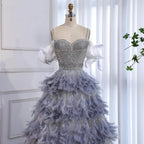 Luxury Gray A Line Evening Dress with Feather Beaded Straps CLA73590