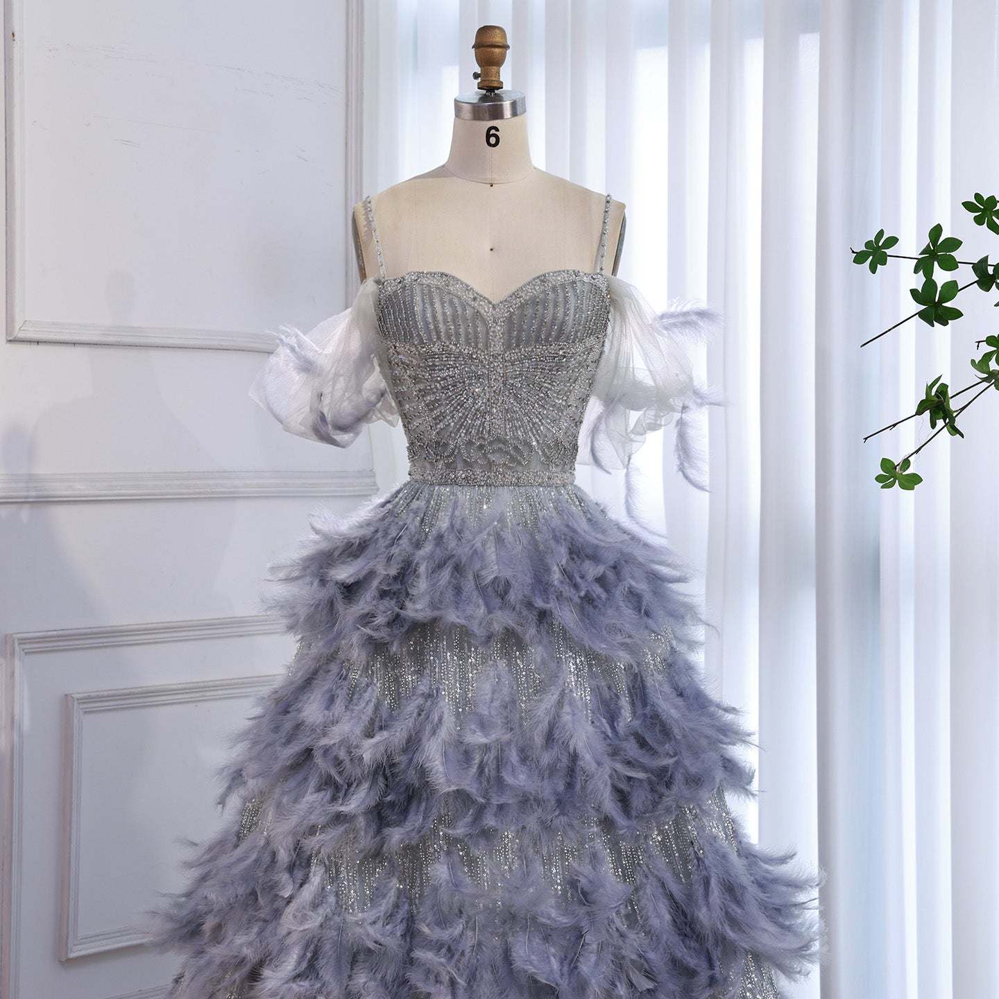 Luxury Gray A Line Evening Dress with Feather Beaded Straps CLA73590