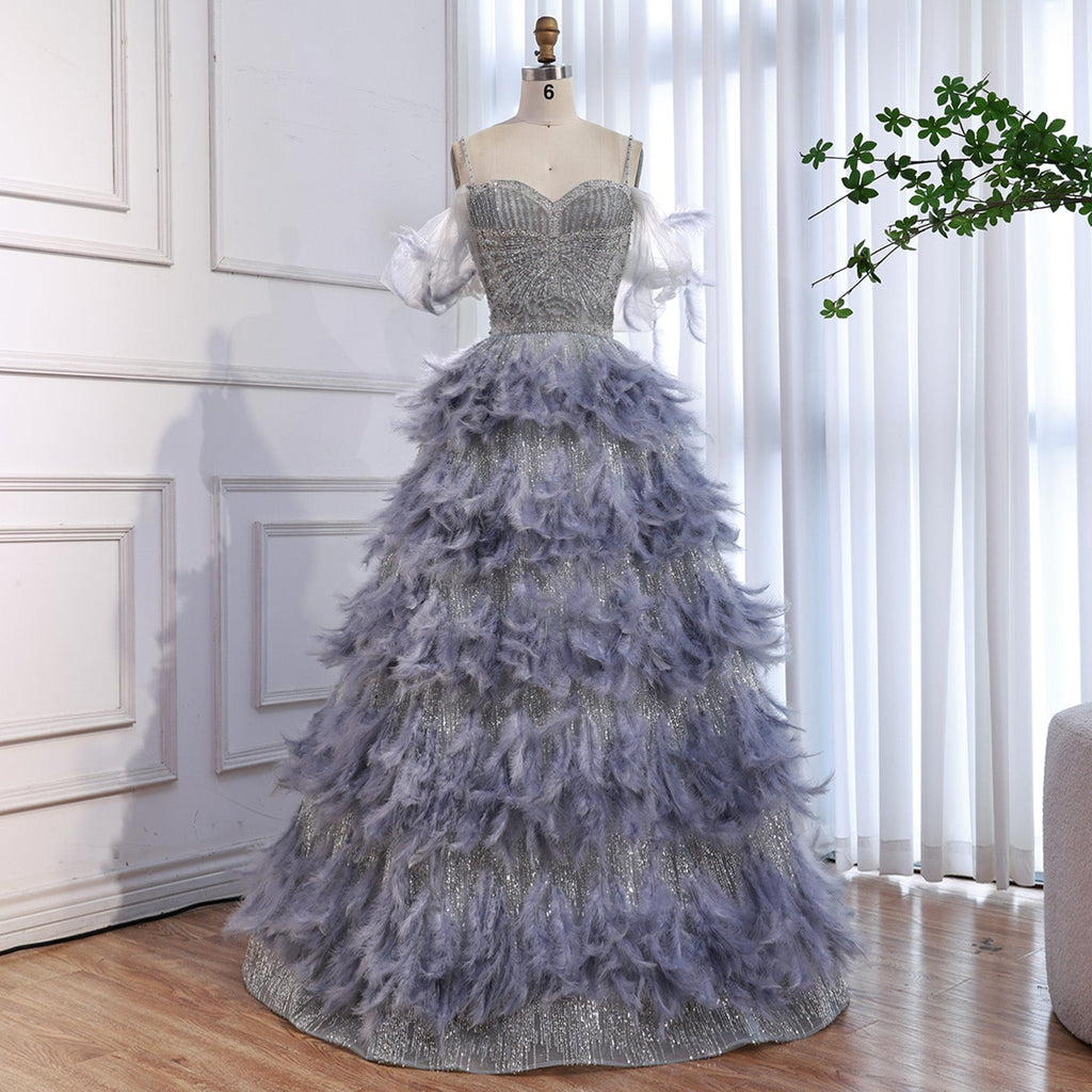 Luxury Gray A Line Evening Dress with Feather Beaded Straps CLA73590