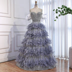Luxury Gray A Line Evening Dress with Feather Beaded Straps CLA73590