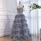 Luxury Gray A Line Evening Dress with Feather Beaded Straps CLA73590