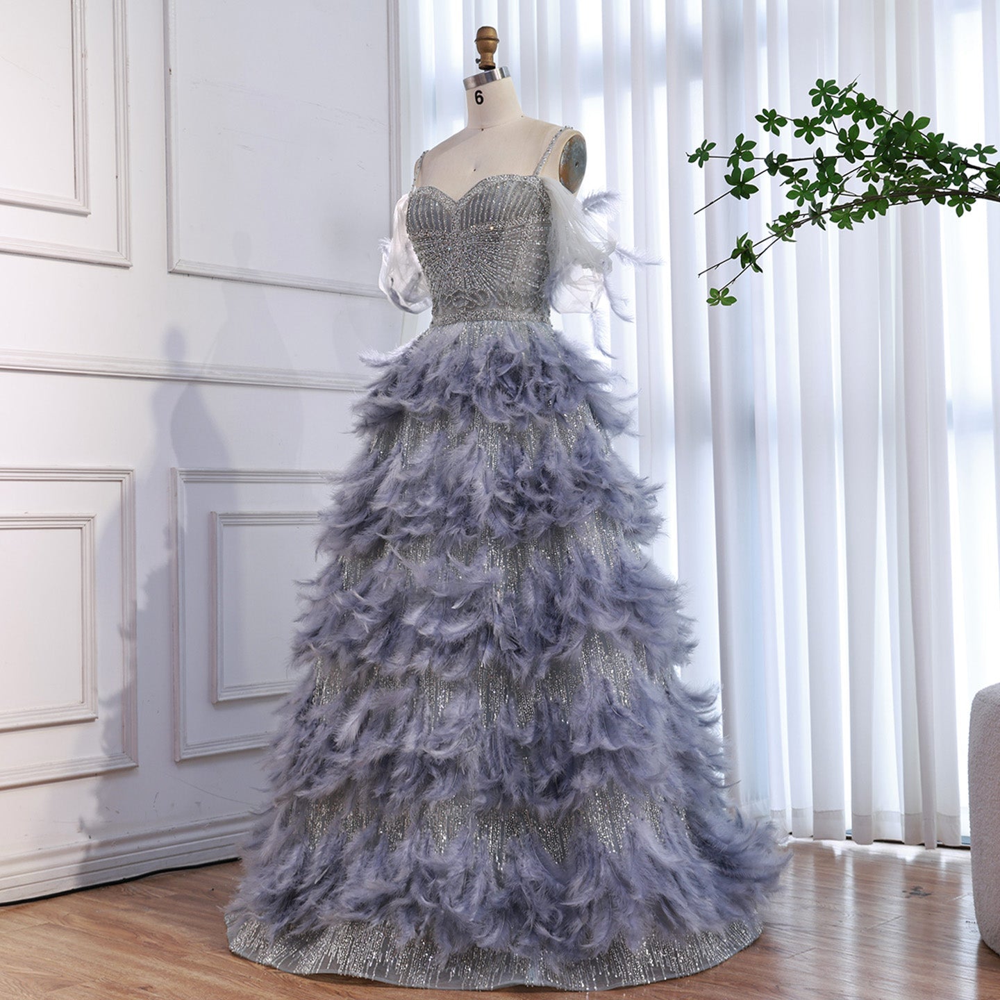 Luxury Gray A Line Evening Dress with Feather Beaded Straps CLA73590