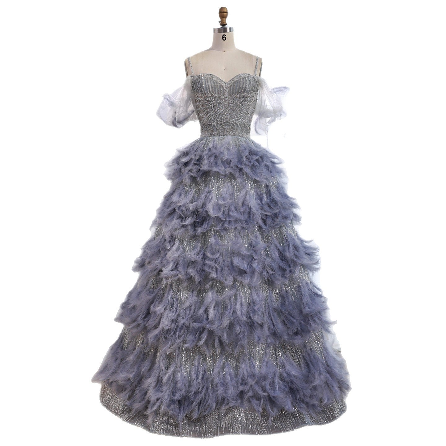 Luxury Gray A Line Evening Dress with Feather Beaded Straps CLA73590
