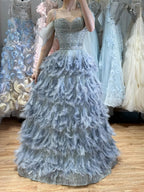 Luxury Gray A Line Evening Dress with Feather Beaded Straps CLA73590