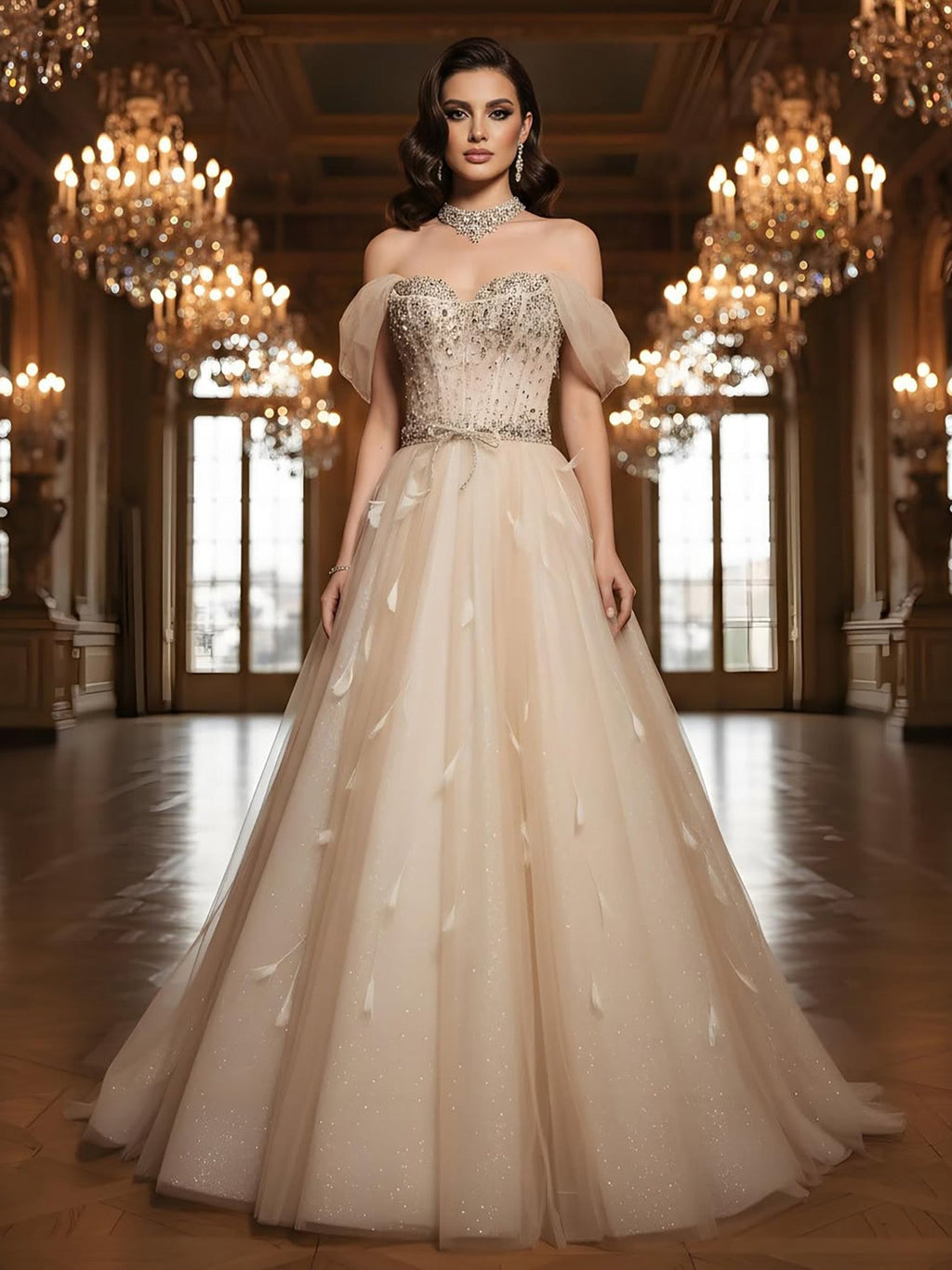 Luxury Cream Crystal Beaded Feather A Line Evening Dress CLA73591