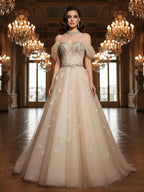 Luxury Cream Crystal Beaded Feather A Line Evening Dress CLA73591