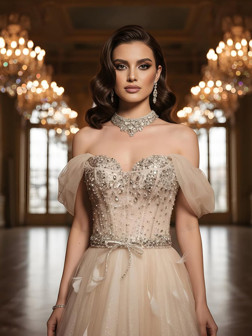 Luxury Cream Crystal Beaded Feather A Line Evening Dress CLA73591