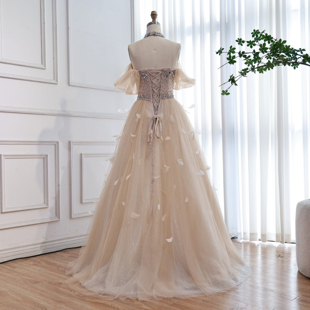 Luxury Cream Crystal Beaded Feather A Line Evening Dress CLA73591