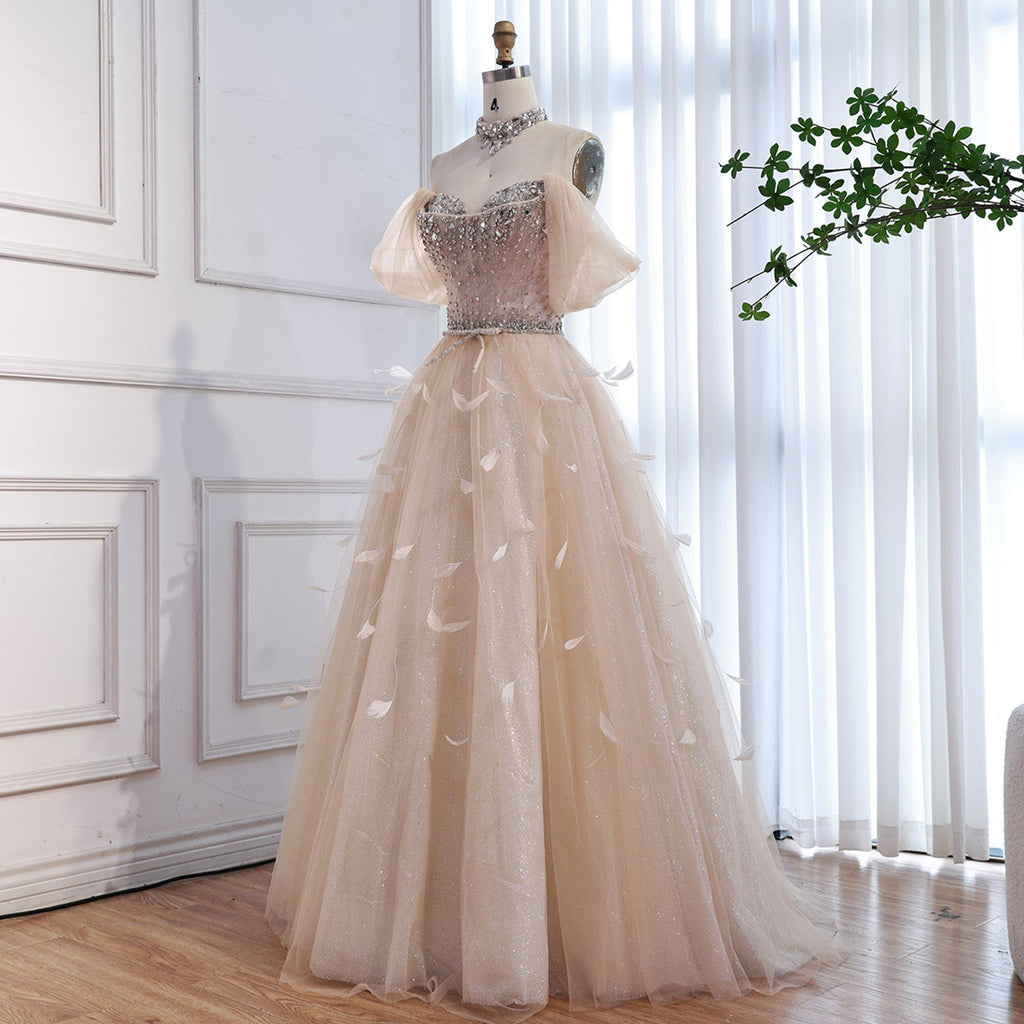 Luxury Cream Crystal Beaded Feather A Line Evening Dress CLA73591