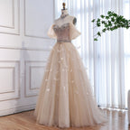 Luxury Cream Crystal Beaded Feather A Line Evening Dress CLA73591