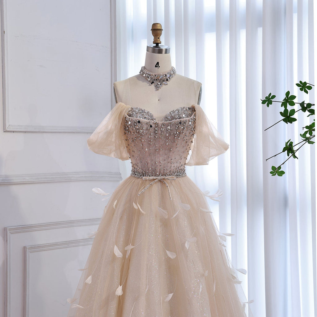 Luxury Cream Crystal Beaded Feather A Line Evening Dress CLA73591