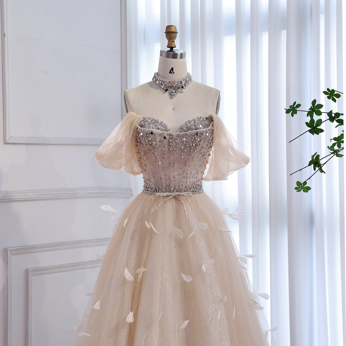 Luxury Cream Crystal Beaded Feather A Line Evening Dress CLA73591
