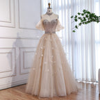 Luxury Cream Crystal Beaded Feather A Line Evening Dress CLA73591