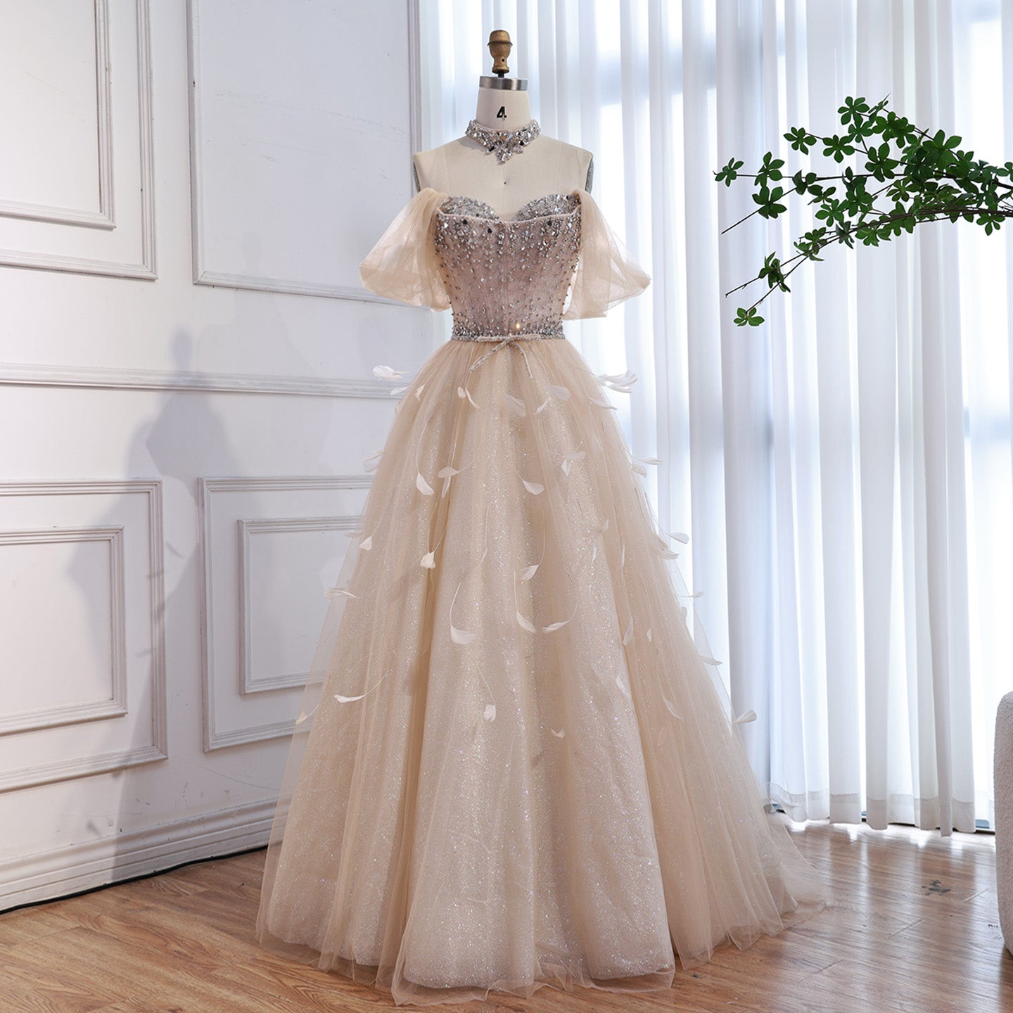 Luxury Cream Crystal Beaded Feather A Line Evening Dress CLA73591