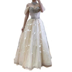 Luxury Cream Crystal Beaded Feather A Line Evening Dress CLA73591