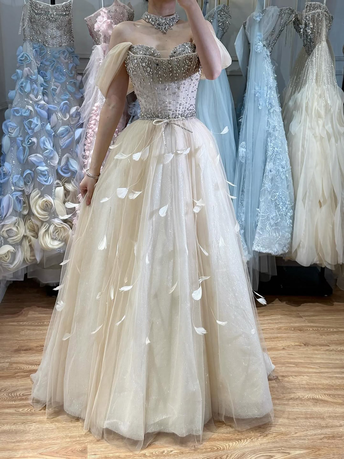 Luxury Cream Crystal Beaded Feather A Line Evening Dress CLA73591