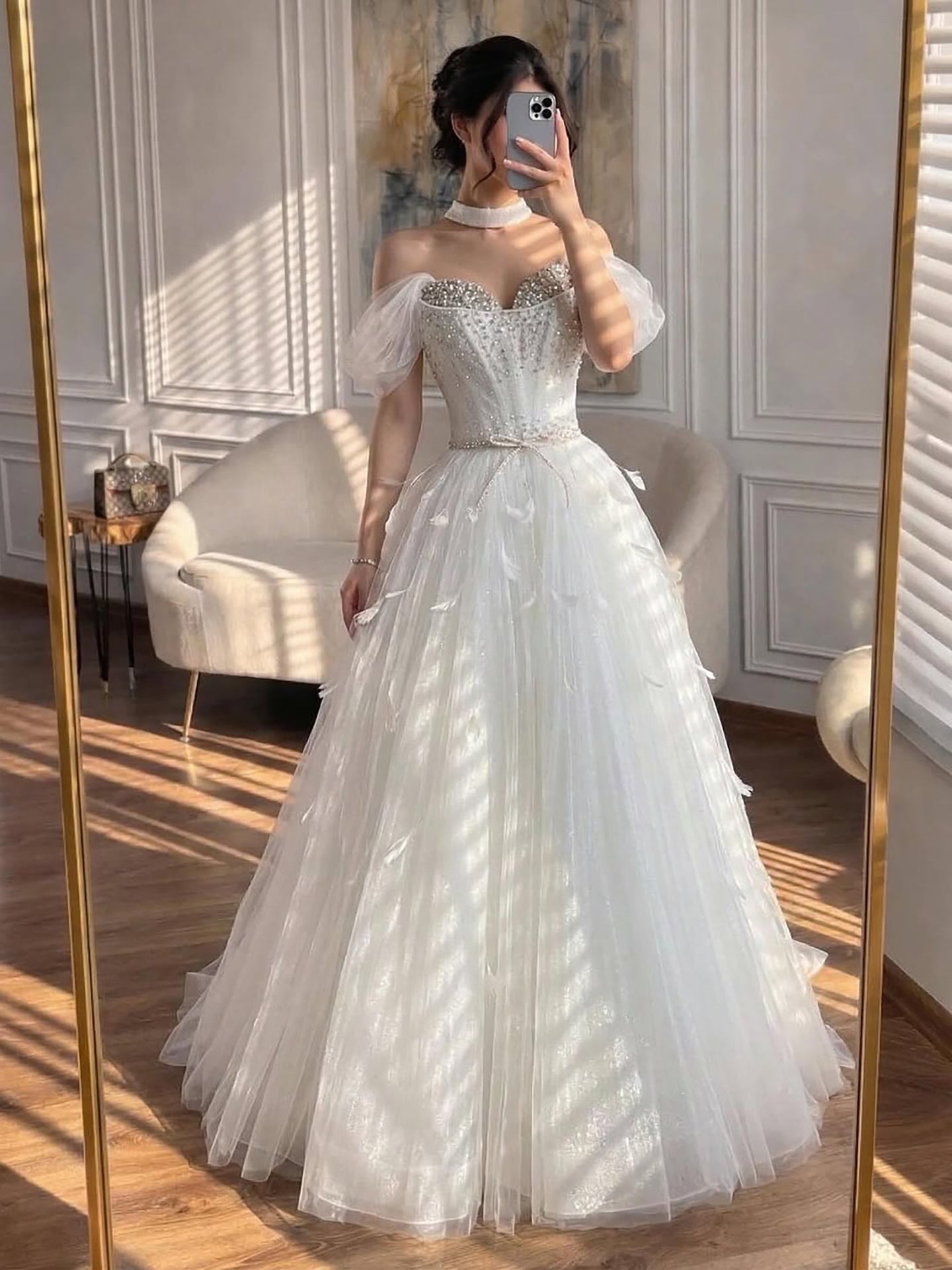 Luxury White Crystal Beaded Feather A-Line Evening Dress CLA73591A