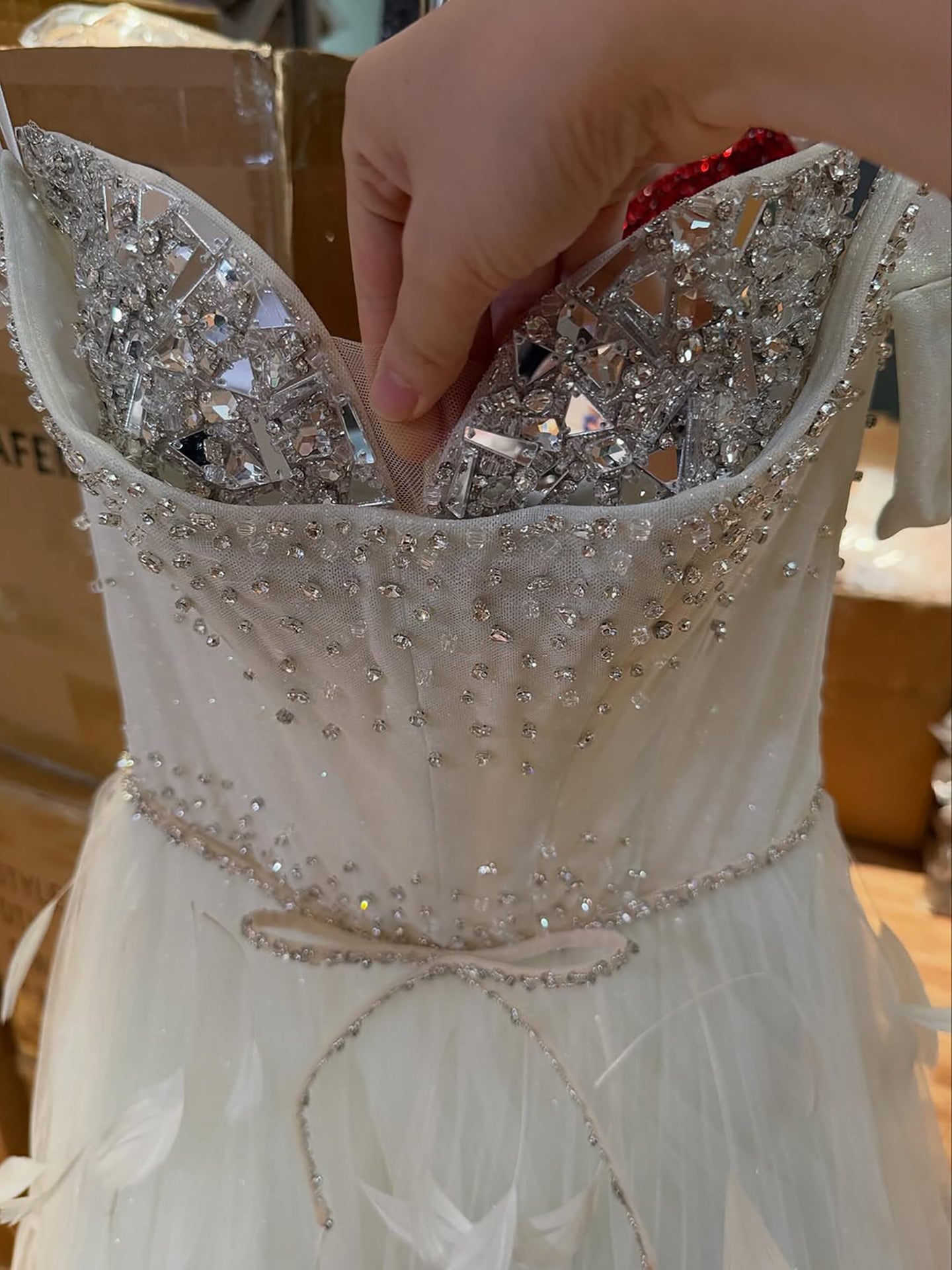 Luxury White Crystal Beaded Feather A-Line Evening Dress CLA73591A
